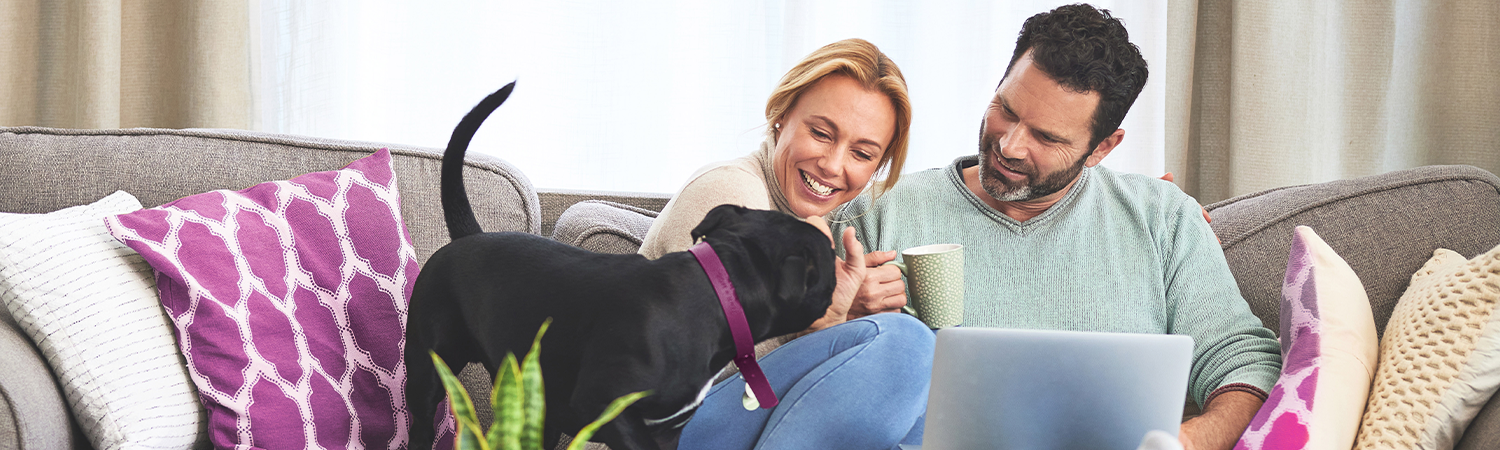 couple relaxing on the couch with their dog